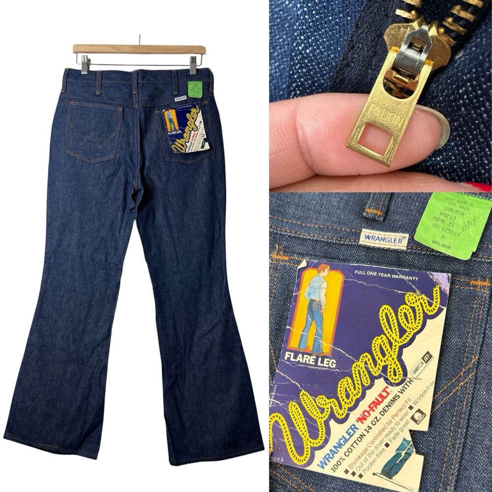 Vintage 1970s Wrangler No Fault 33x31 Denim Flare Leg Jeans Made USA Deadstock